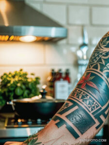 Кулинарные тату шеф-поваров - Close-up of a tattoo featuring a chef's knife and fresh herbs, tatufoto.com 095