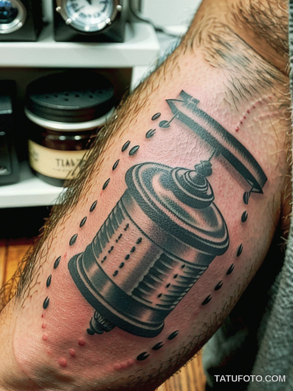 Кулинарные тату шеф-поваров - Close-up of a tattoo featuring a coffee grinder and beans, tatufoto.com 481
