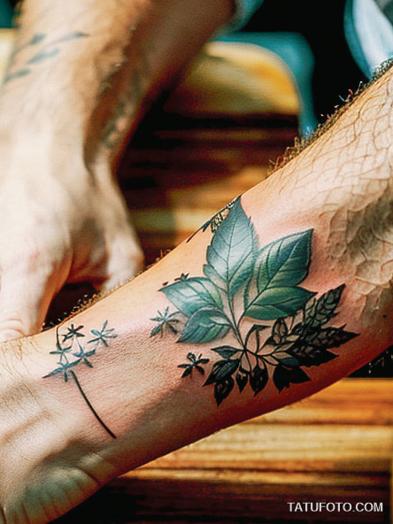 Кулинарные тату шеф-поваров - Close-up of a tattoo featuring a wooden cutting board and herbs, tatufoto.com 084