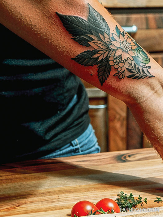 Кулинарные тату шеф-поваров - Close-up of a tattoo featuring a wooden cutting board and herbs, tatufoto.com 085