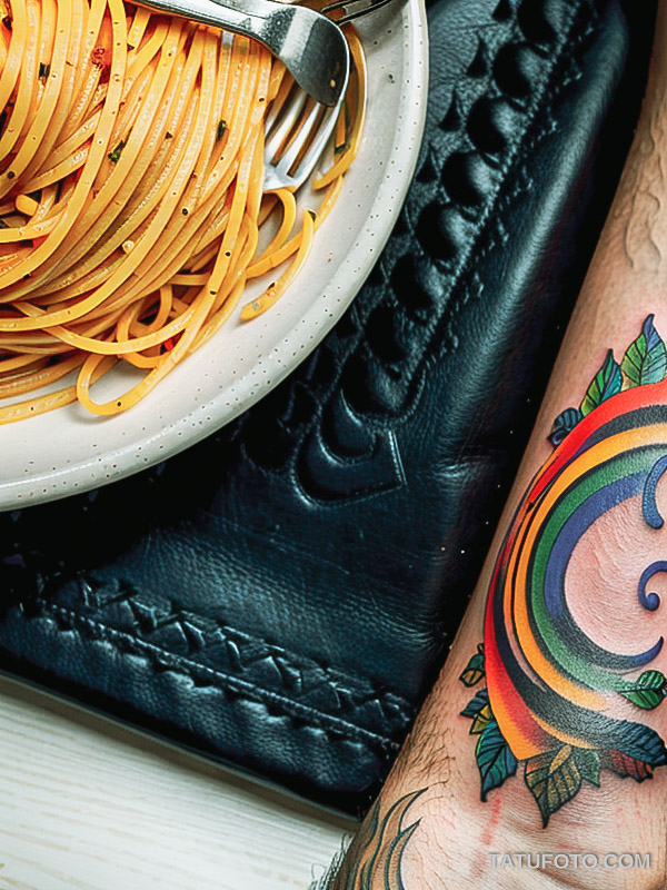 Кулинарные тату шеф-поваров - Colorful tattoo of pasta and a fork, tatufoto.com 047