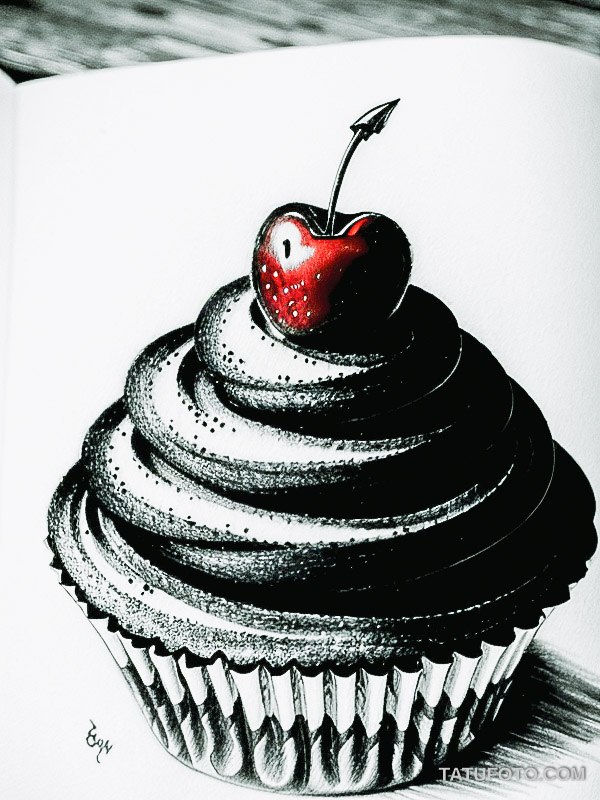 Кулинарные тату шеф-поваров - Cute sketch of a cupcake with a cherry on top, tatufoto.com 083