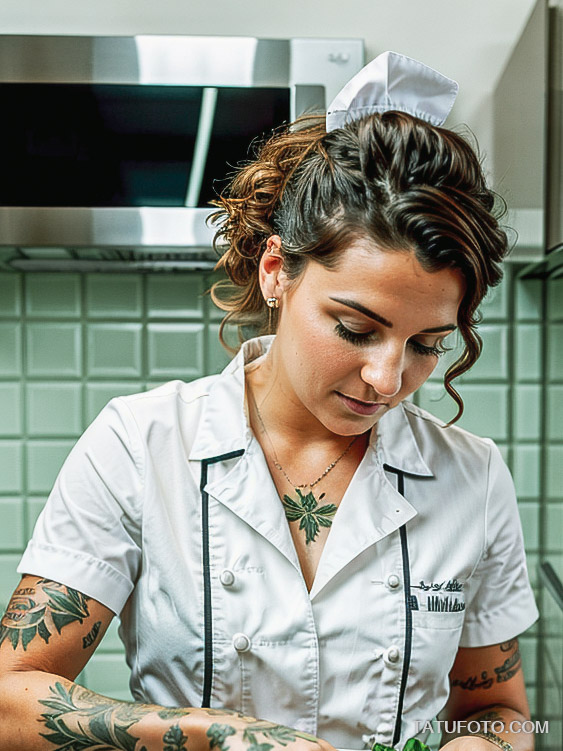 Кулинарные тату шеф-поваров - Elegant chef with a tattoo of fresh herbs on her wrist, tatufoto.com 390