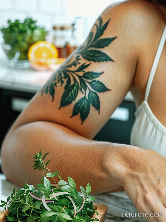Кулинарные тату шеф-поваров - Elegant woman with a tattoo of fresh herbs on her wrist, tatufoto.com 491