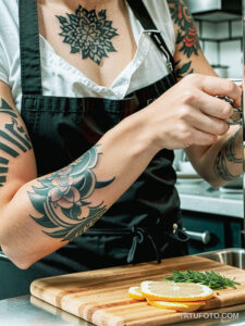 Кулинарные тату шеф-поваров - Female chef with a tattoo of a whisk and spoon on her wrist, tatufoto.com 075
