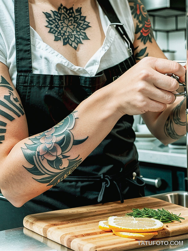 Кулинарные тату шеф-поваров - Female chef with a tattoo of a whisk and spoon on her wrist, tatufoto.com 075