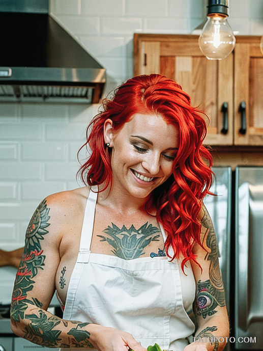 Кулинарные тату шеф-поваров - Female chef with bright red hair and a tattoo of an artichoke on her forearm, tatufoto.com 141