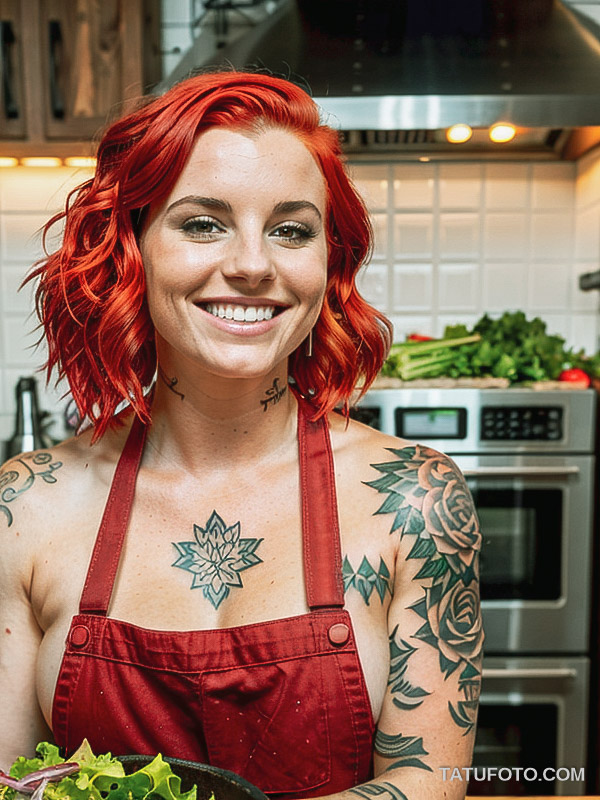 Кулинарные тату шеф-поваров - Female chef with bright red hair and a tattoo of an artichoke on her forearm, tatufoto.com 144