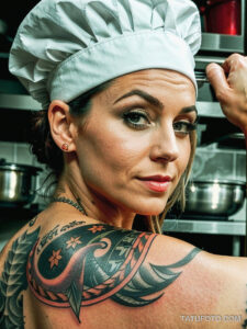Кулинарные тату шеф-поваров - Female chef with food-themed tattoos on arms, tatufoto.com 255