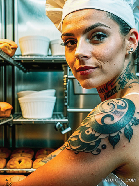 Кулинарные тату шеф-поваров - Female chef with pastry tattoos on forearms, tatufoto.com 236