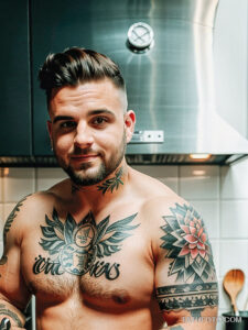 Кулинарные тату шеф-поваров - Glamorous chef with a sleeve tattoo of vegetables and culinary tools, tatufoto.com 196