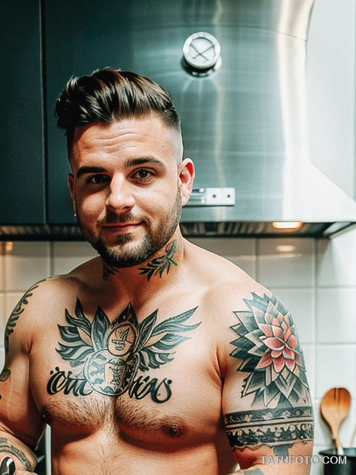 Кулинарные тату шеф-поваров - Glamorous chef with a sleeve tattoo of vegetables and culinary tools, tatufoto.com 196