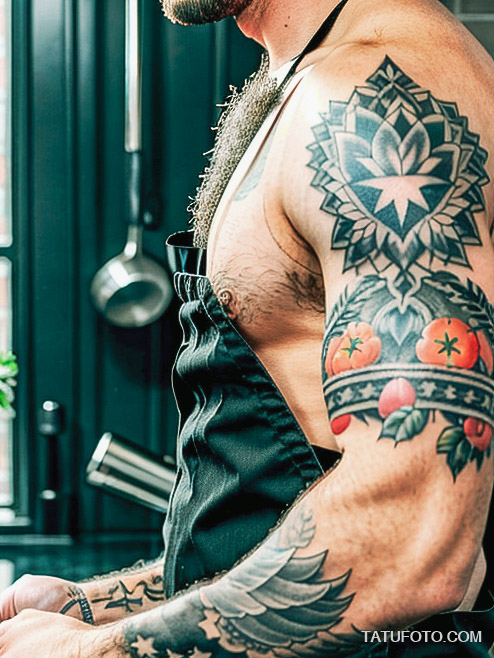 Кулинарные тату шеф-поваров - Glamorous chef with a sleeve tattoo of vegetables and culinary tools, tatufoto.com 197