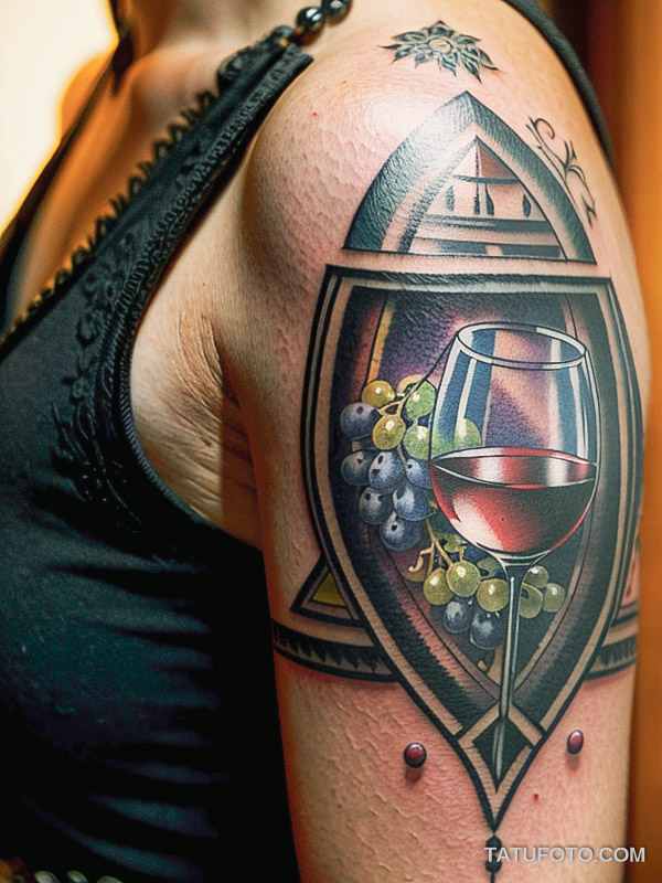 Кулинарные тату шеф-поваров - Intricate tattoo of a wine glass with grapes, tatufoto.com 488
