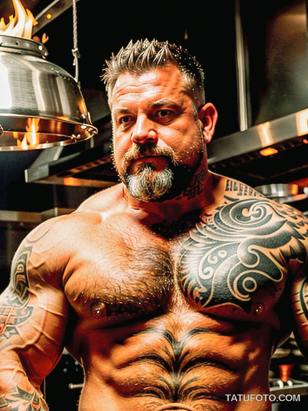 Кулинарные тату шеф-поваров - Middle-aged male chef with a muscular build, tatufoto.com 434