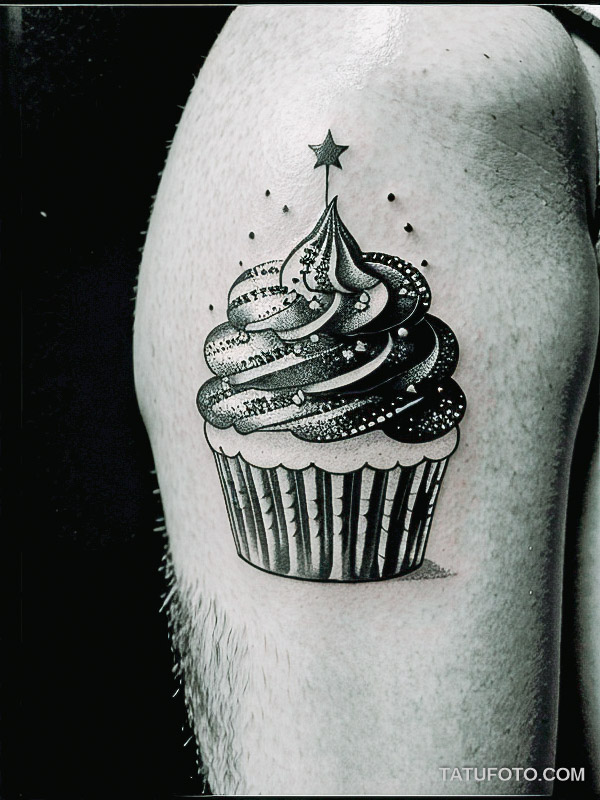Кулинарные тату шеф-поваров - Playful black and white sketch of a cupcake with sprinkles, tatufoto.com 398