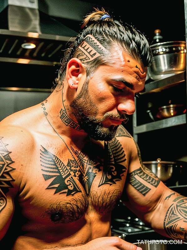 Кулинарные тату шеф-поваров - Tall male chef with tribal culinary-themed tattoos, tatufoto.com 494