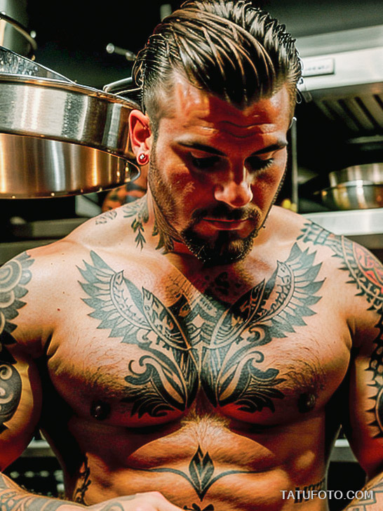 Кулинарные тату шеф-поваров - Tall male chef with tribal culinary-themed tattoos, tatufoto.com 496