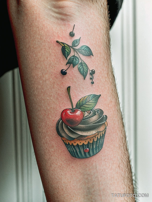 Кулинарные тату шеф-поваров - Tattoo of a cupcake with a cherry on top, tatufoto.com 565