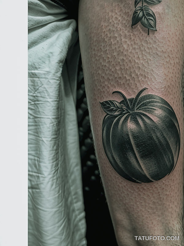 Кулинарные тату шеф-поваров - Tattoo sketch of a tomato with basil leaves, tatufoto.com 548