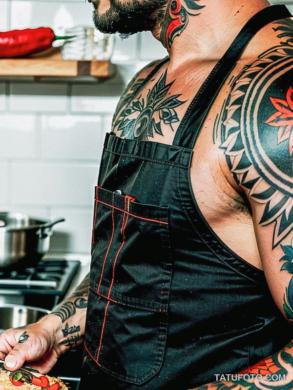 Кулинарные тату шеф-поваров - Tattooed chef with chili pepper and knife tattoos on his arm, tatufoto.com 446