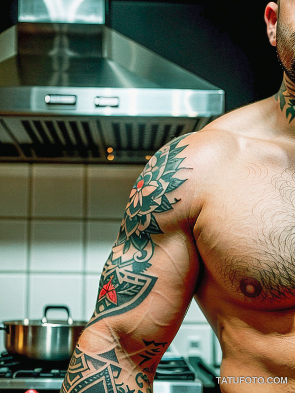 Кулинарные тату шеф-поваров - Tattooed chef with culinary-themed tattoos on bicep, tatufoto.com 271