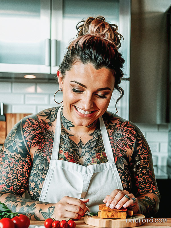 Кулинарные тату шеф-поваров - Tattooed female chef with a delicate tattoo of herbs and spices, tatufoto.com 225