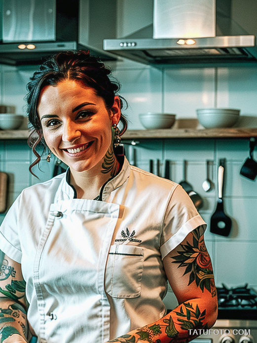 Кулинарные тату шеф-поваров - Tattooed female chef with a knife and herb tattoo on her forearm, tatufoto.com 127