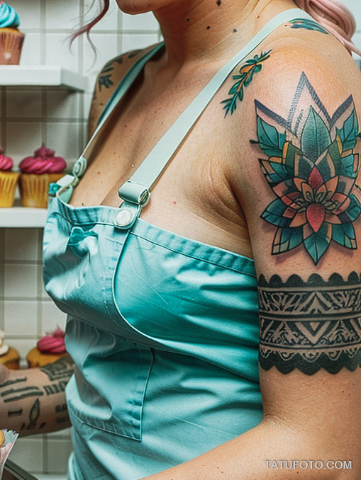 Кулинарные тату шеф-поваров - Tattooed female chef with colorful pastry tattoos, tatufoto.com 156