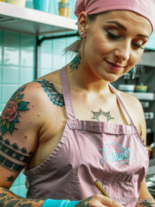 Кулинарные тату шеф-поваров - Tattooed female chef with colorful pastry tattoos, tatufoto.com 158