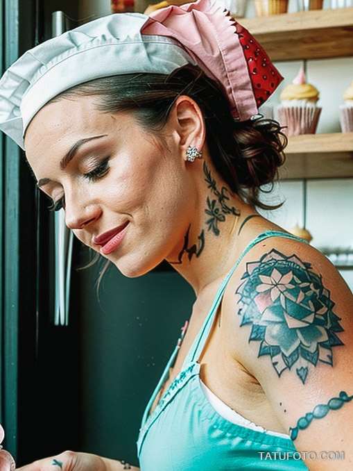 Кулинарные тату шеф-поваров - Tattooed female pastry chef with a cupcake and whisk tattoo on her arm, tatufoto.com 134