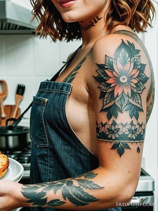 Кулинарные тату шеф-поваров - Tattooed young woman with a floral and culinary tattoo sleeve, tatufoto.com 443