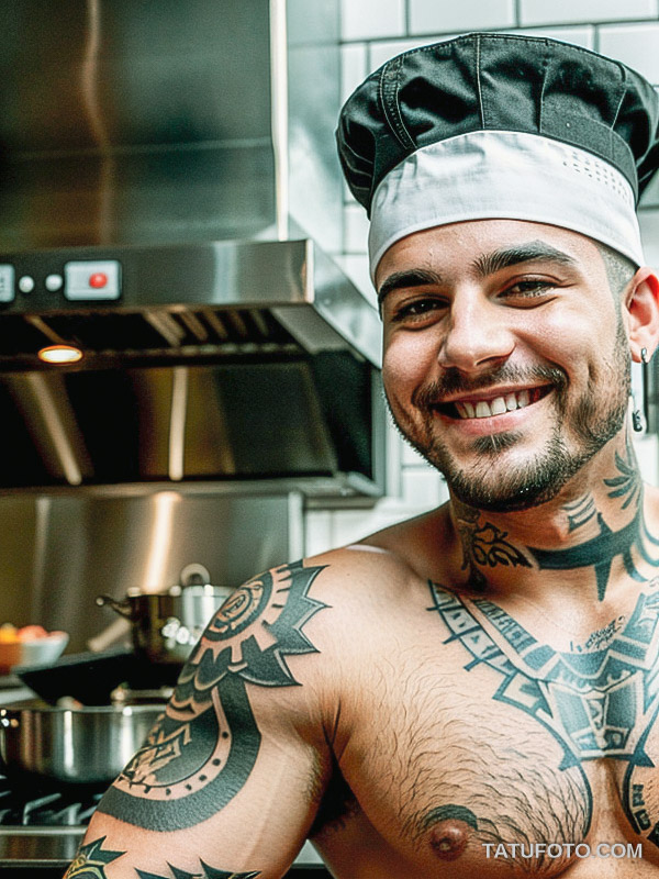 Кулинарные тату шеф-поваров - Young chef with a tattoo of a chef's hat and utensils on his bicep, tatufoto.com 102
