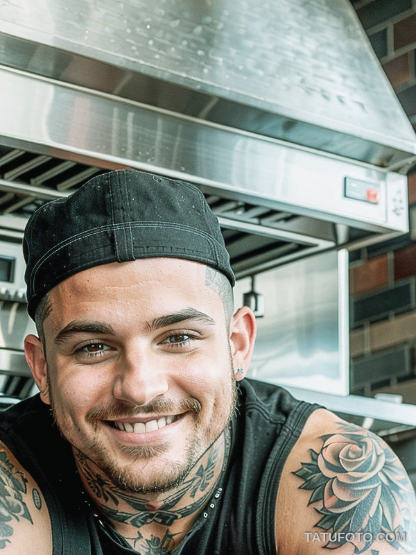 Кулинарные тату шеф-поваров - Young chef with a tattoo of a chef's hat and utensils on his bicep, tatufoto.com 103