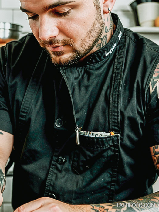 Кулинарные тату шеф-поваров - Young chef with a unique tattoo of a garlic bulb and chef’s knife, tatufoto.com 058