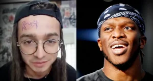 Фотография KSI с татуировкой на лбу и Logan Paul, выражающего удивление. Два известных блогера и боксера, KSI и Logan Paul, участвуют в тату-баттле.