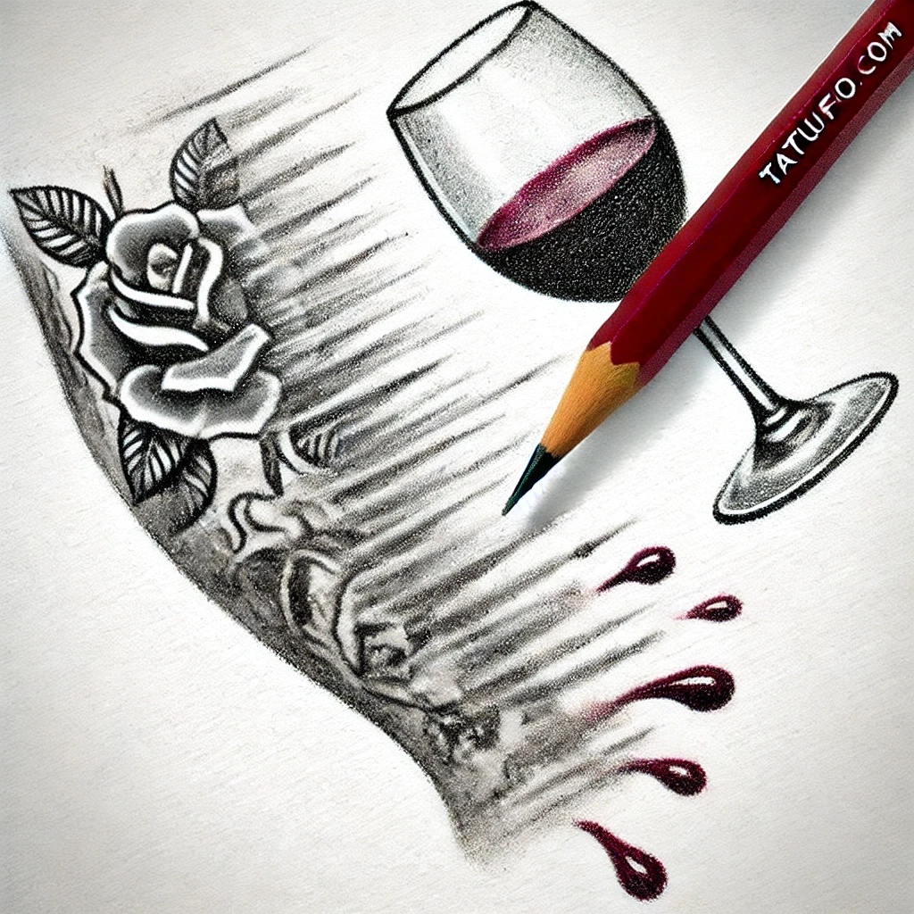 Сколько нельзя пить после тату - Pencil sketch a blurred tattoo with a wine glass nearby, from which wine drips down. The effect emphasizes the loss of tattoo details. In the corner, tatufoto.com 007
