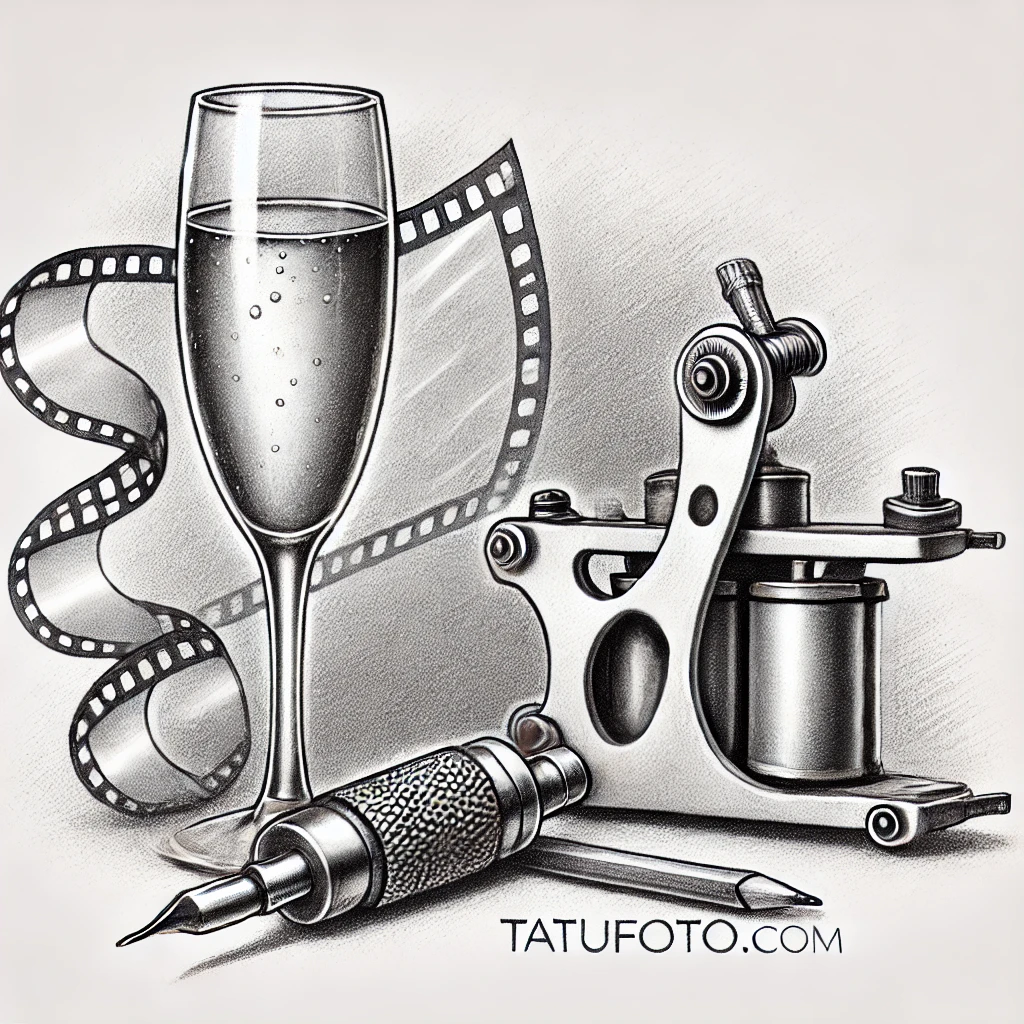Сколько нельзя пить после тату - Pencil sketch a champagne glass covered with a film, standing next to a tattoo machine. The elements are rendered with soft strokes. Below, a light t tatufoto.com 011