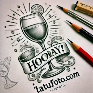 Детальный эскиз татуировки с бокалом вина, долькой цитруса, надписью 'Hooray!' и графическими элементами, выполненный в черно-белом стиле.