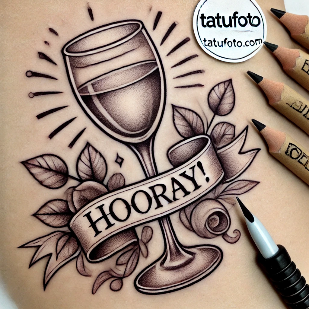 Сколько нельзя пить после тату - Pencil sketch a completed beautiful tattoo with a wine glass hovering above it, labeled 'Hooray!' Below the image, a neat logo reading 'tatufoto.com tatufoto.com 014