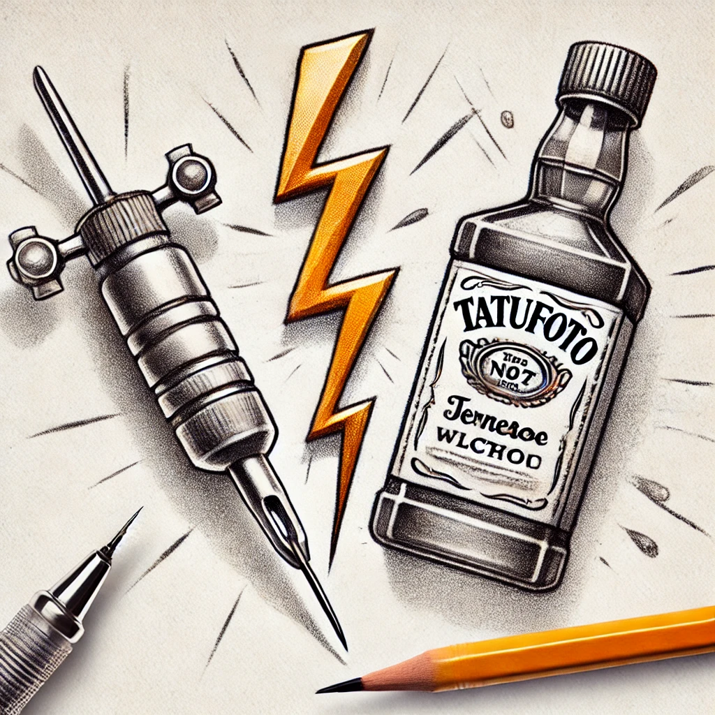 Сколько нельзя пить после тату - Pencil sketch on one side, a tattoo needle; on the other, a bottle of alcohol. A lightning bolt between them symbolizes conflict. In the background, tatufoto.com 003