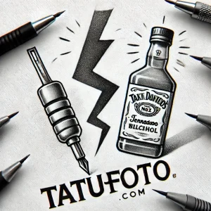 Эскиз татуировки с изображением бутылки виски Jack Daniel's, тату-машинки и молнии, выполненный в графическом стиле с использованием черных тонов.