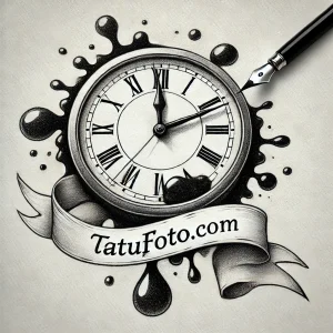 Черно-белый эскиз татуировки с изображением старинных часов, окруженных брызгами чернил и пером. Динамичный и детализированный рисунок для вдохновения.