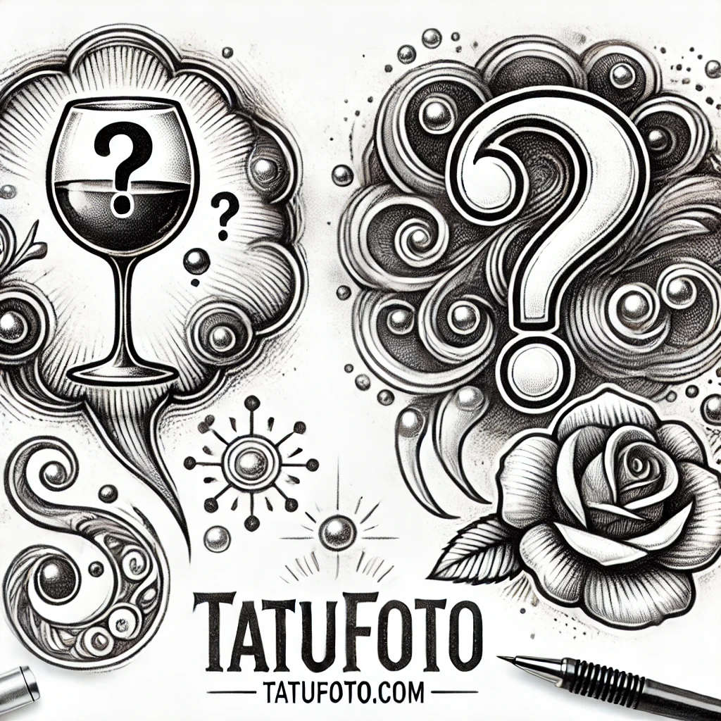 Сколько нельзя пить после тату - Pencil sketch with two speech bubbles one containing a wine glass, the other a beautiful tattoo. Between them, a large question mark symbolizing cont tatufoto.com 009