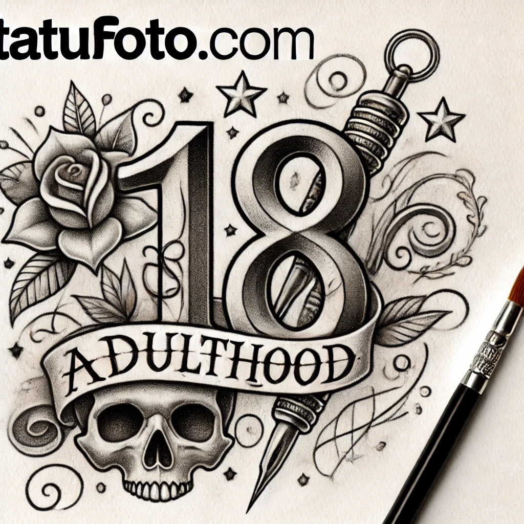 Со скольки можно тату - Pencil sketch featuring the number '18' adorned with tattoo elements such as flowers, skulls, and stars. Next to it, a tattoo needle is wrapped in a r tatufoto.com 004