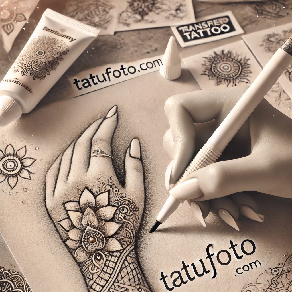 Со скольки можно тату - Pencil sketch of a hand drawing a temporary tattoo with a marker. In the background, a henna tube and transfer tattoos are visible. The atmosphere is tatufoto.com 011