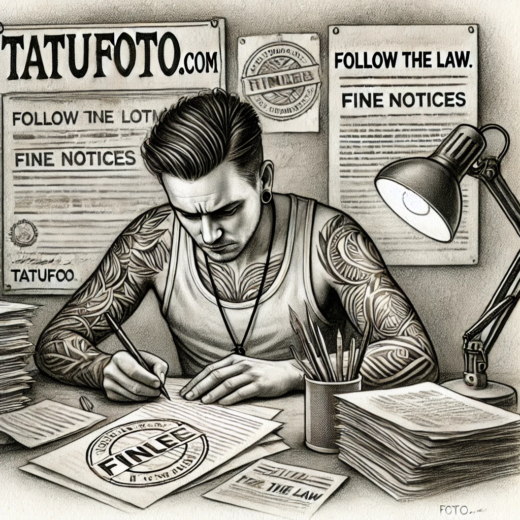 Со скольки можно тату - Pencil sketch of a tattoo artist sitting at a desk surrounded by documents and fine notices. In the background, a wall poster reads 'Follow the Law.' tatufoto.com 009