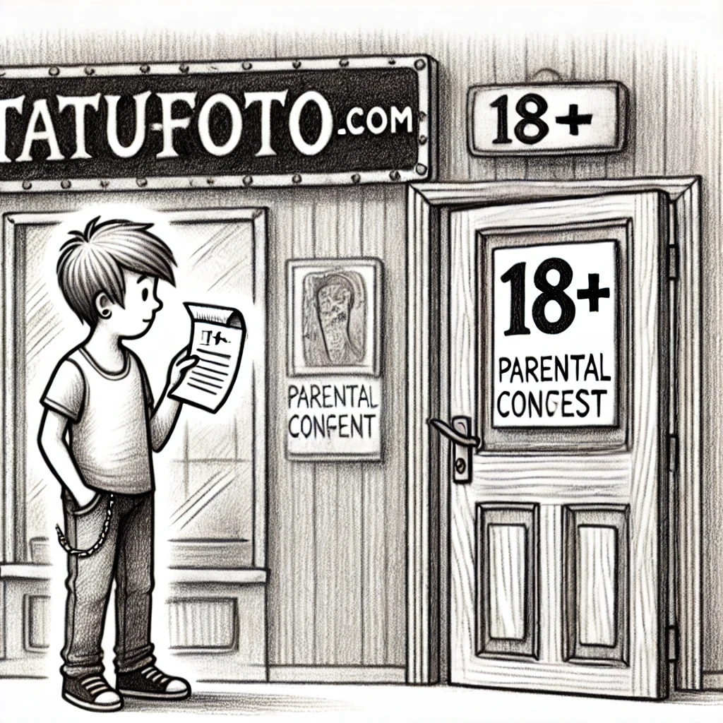 Со скольки можно тату - Pencil sketch of a teenager standing in front of a tattoo parlor door with a sign that reads '18+.' The teenager holds a piece of paper symbolizing pa tatufoto.com 007