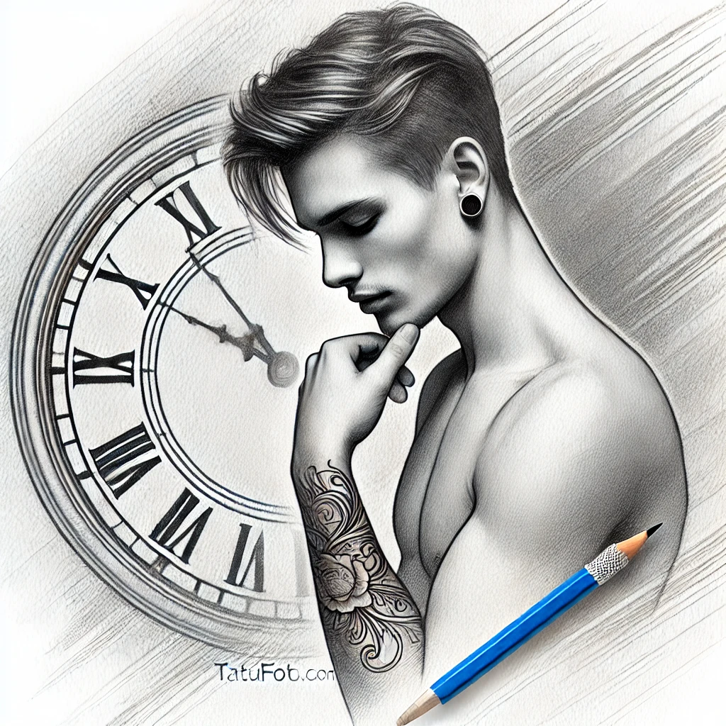 Со скольки можно тату - Pencil sketch of a young man thoughtfully looking at his wrist, where an unfinished tattoo is visible. In the background, a large clock symbolizes wai tatufoto.com 001