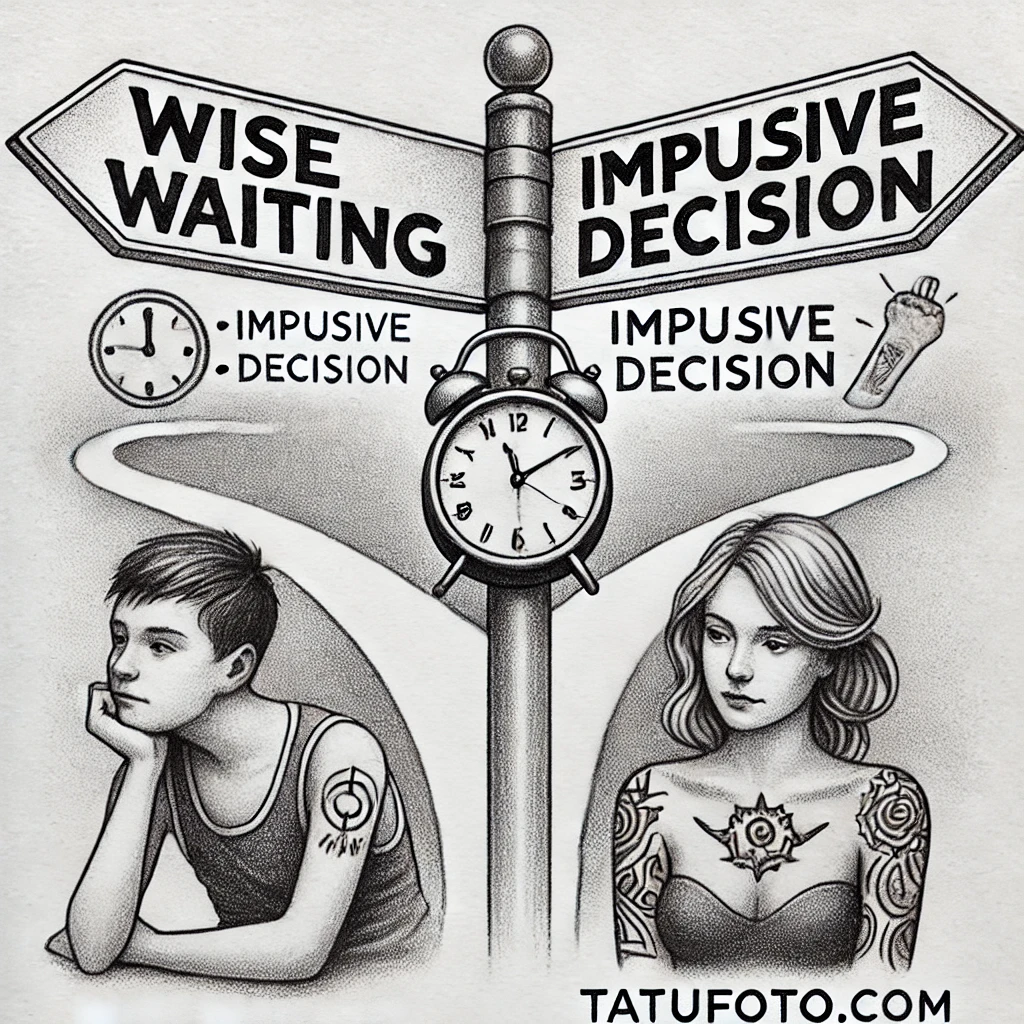 Со скольки можно тату - Pencil sketch of two paths with signs. One sign reads 'Wise Waiting,' featuring a clock and a calm teenager. The other reads 'Impulsive Decision,' sho tatufoto.com 012